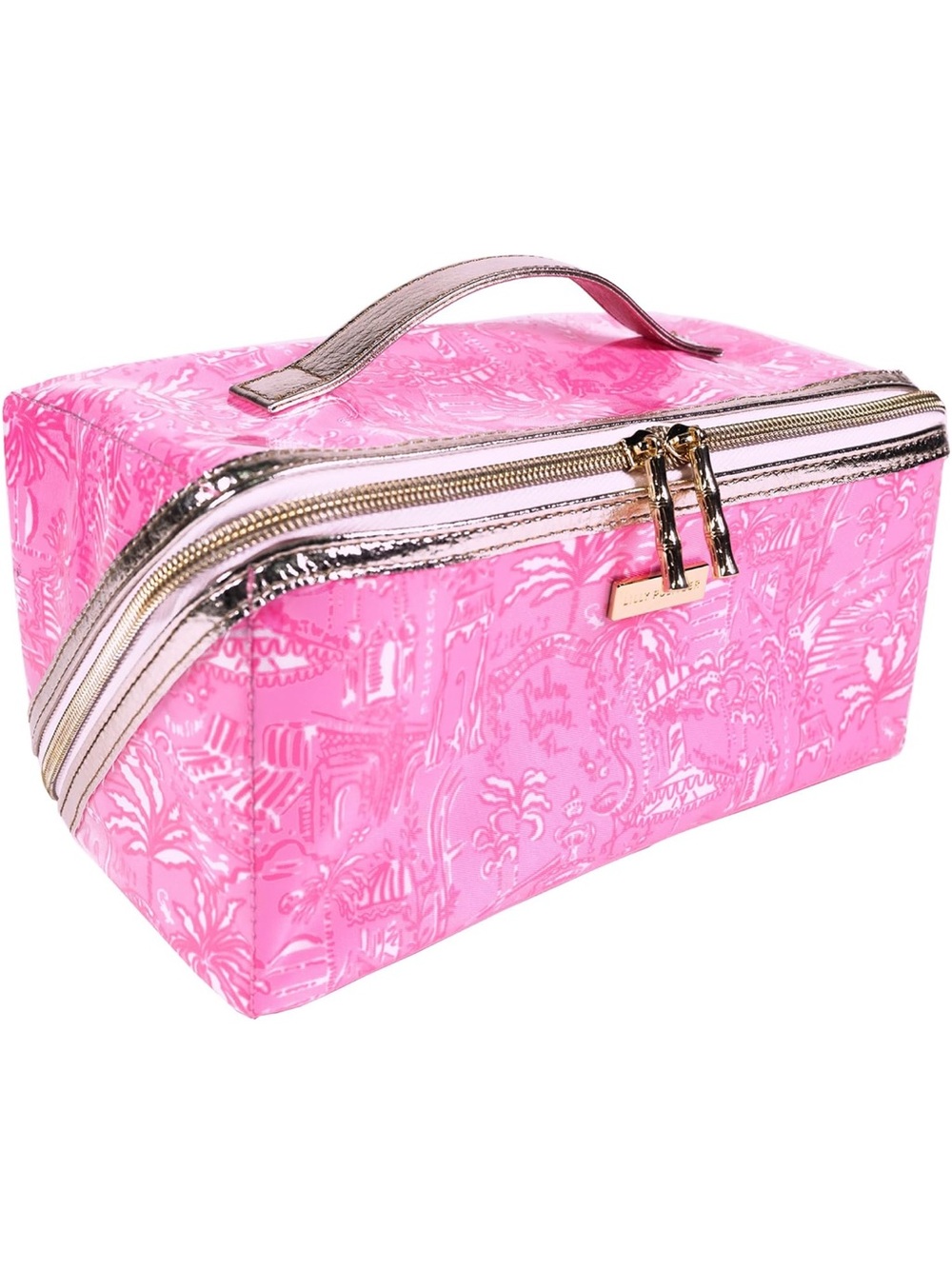 NeLilly Pulitzer Pink Cosmetic Carryall Case Palm Beach Pattern & Gold Trim